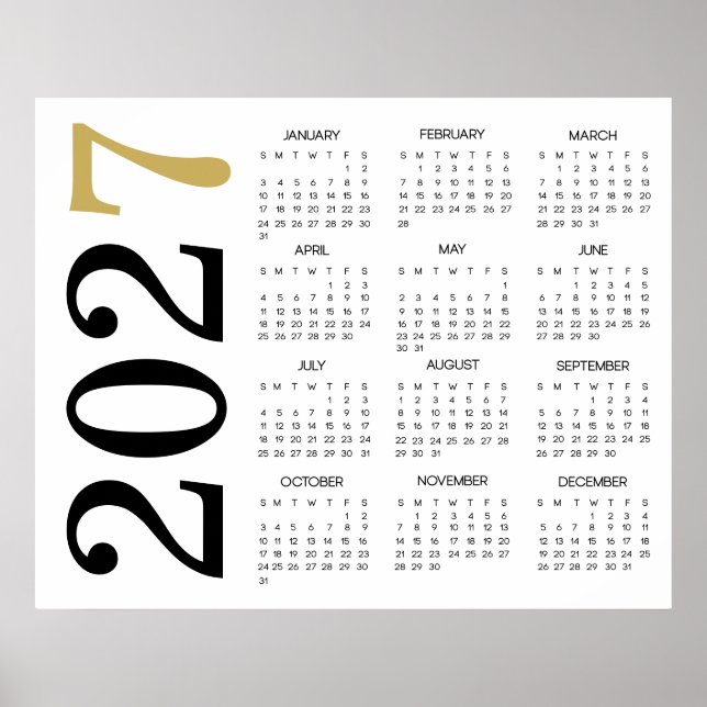 Póster Calendario Moderno Dorado Negro 2027 (Frente)