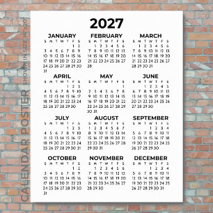 Póster Calendario mural 2027 Simple Básico Negro y Blanco