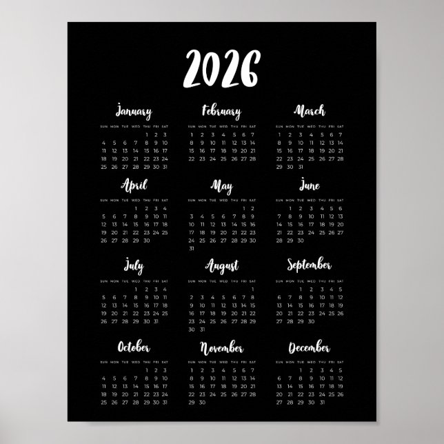Póster Calendario negro moderno 2025 (Frente)