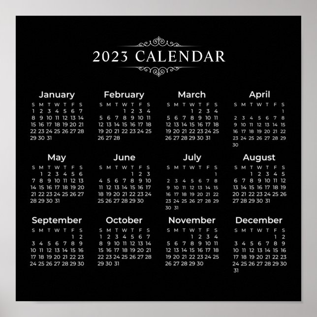 Póster Calendario negro simple pero elegante 2023 | POSTE (Frente)