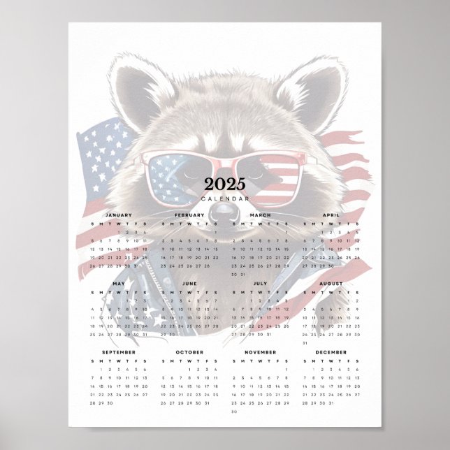 Póster Calendario Patriótico Raccoon Rojo Azul Blanco 202 (Frente)