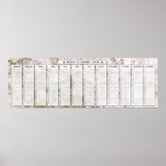 Póster Calendario Perpetuo de Cumpleaños de Granito Rosa