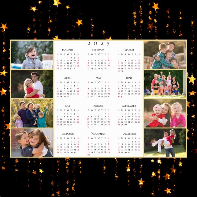 Póster Calendario personalizado 2025 con 8 fotos familiar (Personalized 8 Family Photo Collage 2025 Calendar Poster)