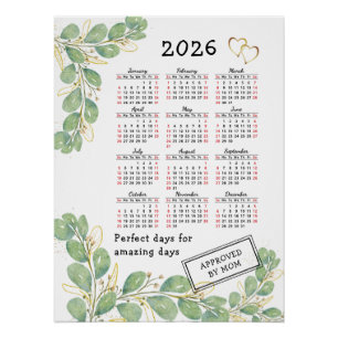 Póster Calendario personalizado 2026 con elegante eucalip
