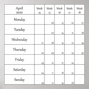 Póster calendario planificador abril 2020 con número de s