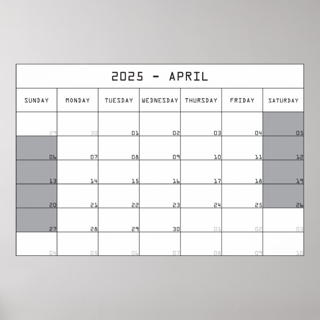 Póster calendario planificador abril 2025 notas grandes e (Frente)