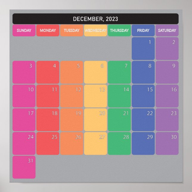 Póster calendario planificador de diciembre de 2023 días  (Frente)
