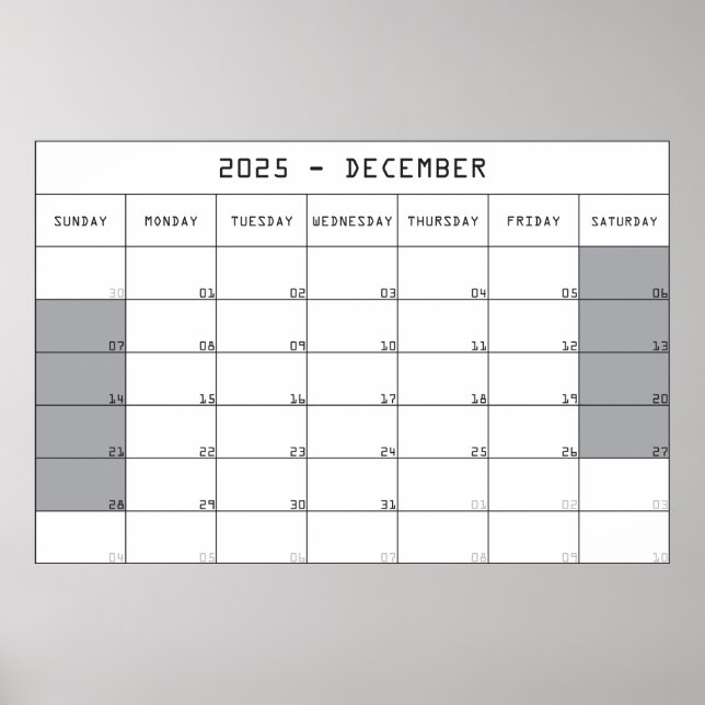 Póster calendario planificador diciembre 2025 espacio de  (Frente)