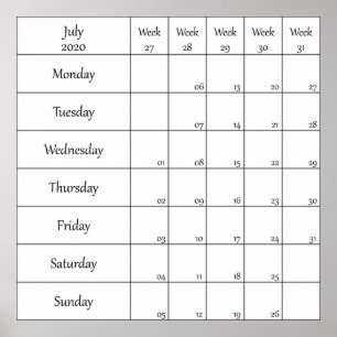 Póster calendario planificador julio 2020 con número de s