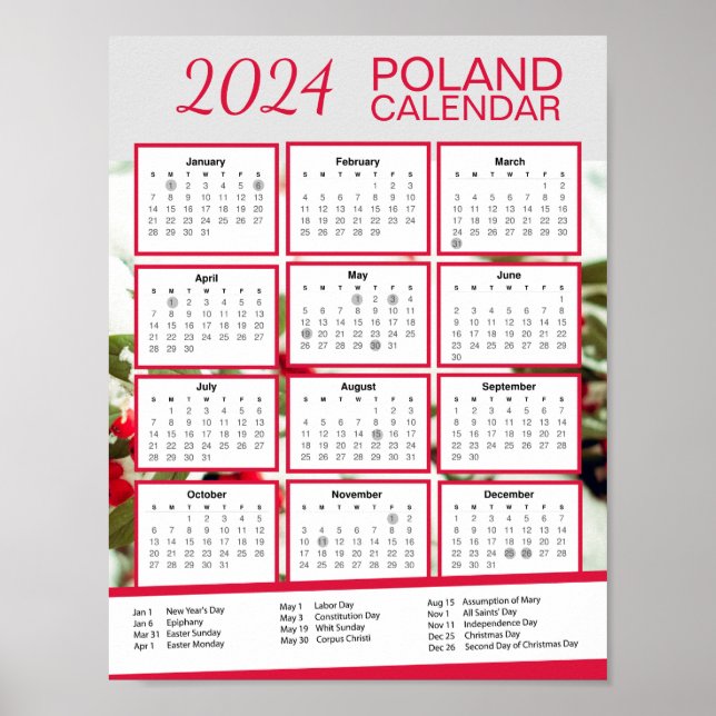 Póster Calendario Polaco 2024 con descarga de feriados po (Frente)