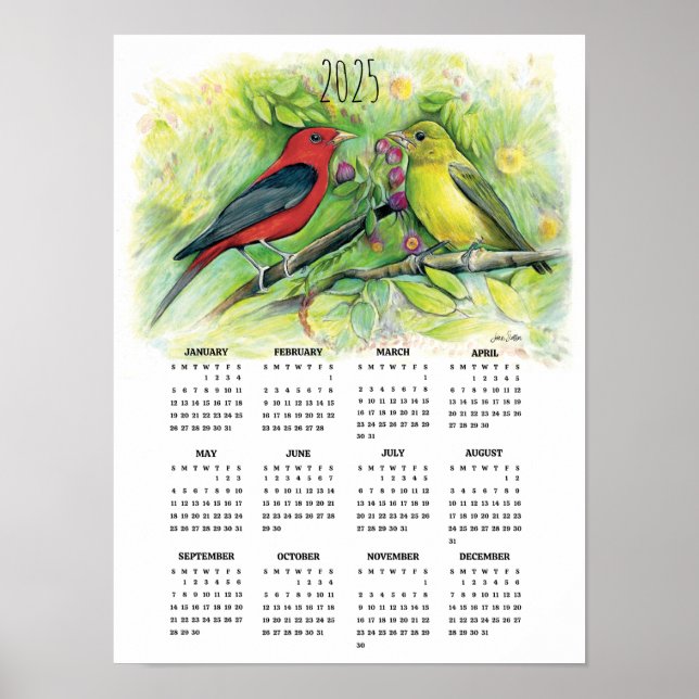 Póster Calendario Poster de Pareja de Tángara Escarlata 2 (Frente)