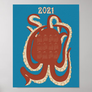Póster Calendario Rojo y Azul Octopus 2021