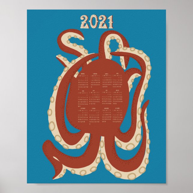 Póster Calendario Rojo y Azul Octopus 2021 (Frente)