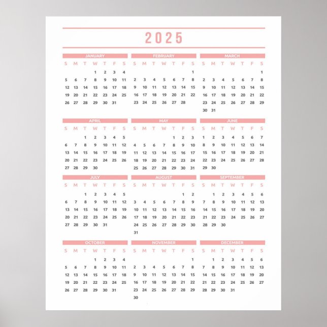 Póster Calendario rosa simple 2025 (Frente)