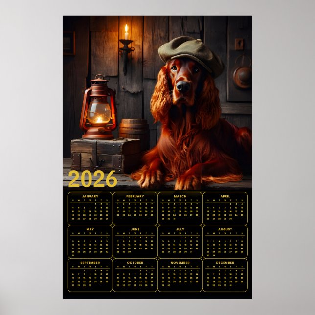 Póster Calendario Rústico del Irish Setter con Boina Verd (Frente)