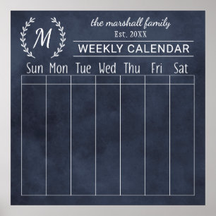 Póster Calendario semanal monograma familiar de pizarra d