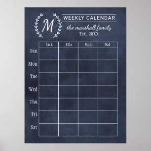Póster Calendario semanal monograma familiar de pizarra d
