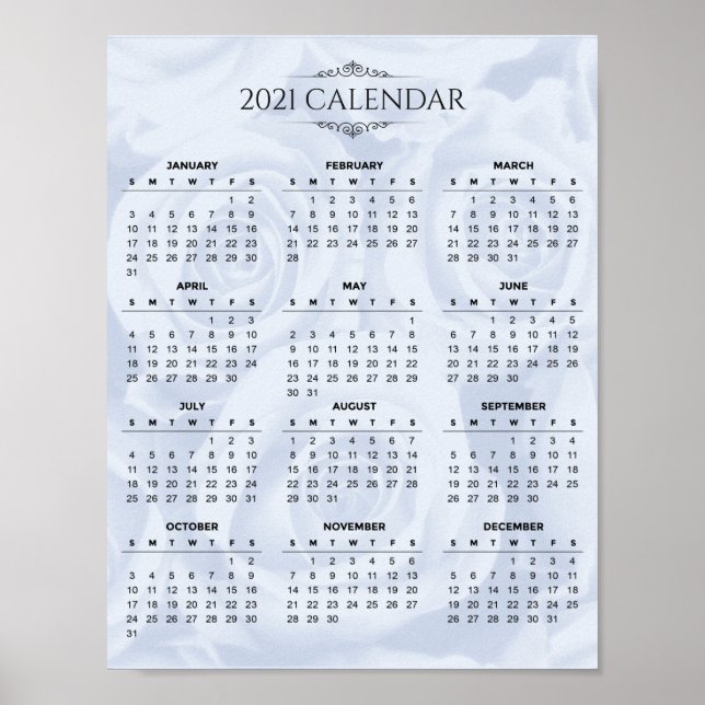 Póster Calendario simple 2021 sobre floral blanca | POSTE (Frente)