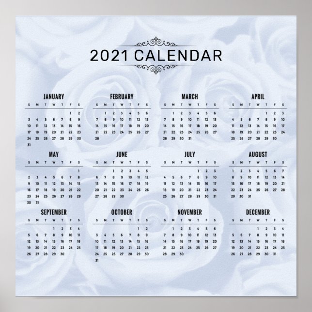 Póster Calendario simple 2021 sobre floral blanca | POSTE (Frente)