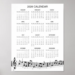 Póster Calendario Simple 2026 con Notas Musicales   