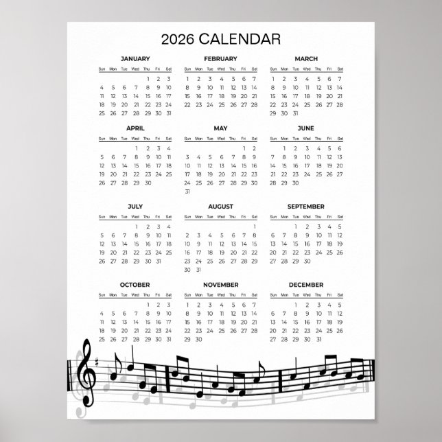 Póster Calendario Simple 2026 con Notas Musicales |  (Frente)