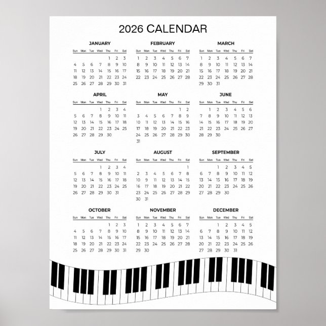 Póster Calendario Simple 2026 con Teclas de Piano |  (Frente)