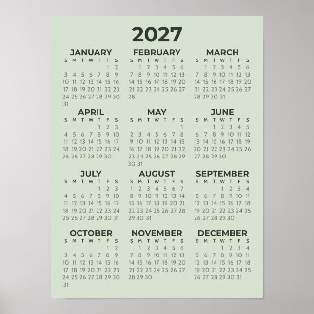 Póster Calendario Simple Básico Verde Salvia 2027 (Frente)