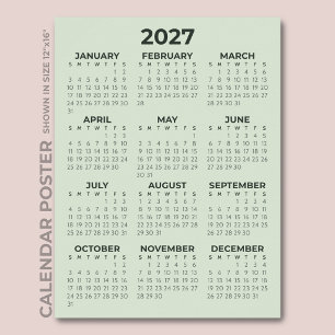 Póster Calendario Simple Básico Verde Salvia 2027
