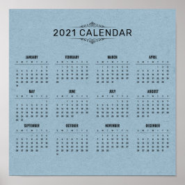 Póster Calendario simple de 2021 sobre el papel azul | PO