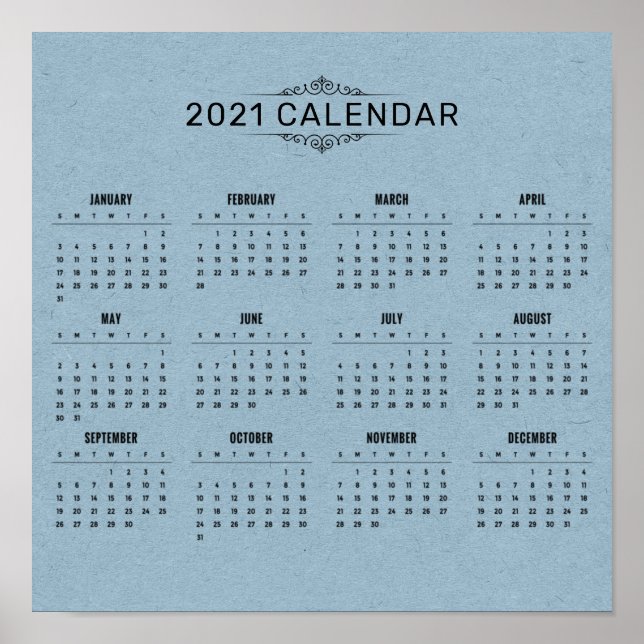 Póster Calendario simple de 2021 sobre el papel azul | PO (Frente)