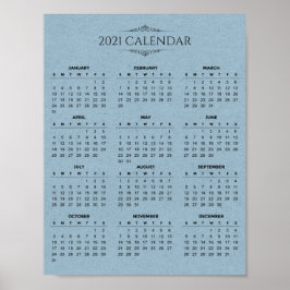 Póster Calendario simple de 2021 sobre el papel azul | PO