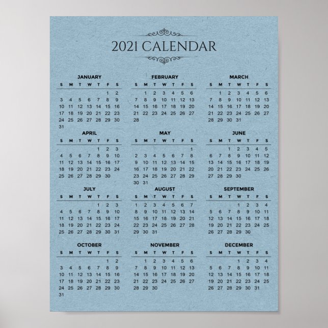 Póster Calendario simple de 2021 sobre el papel azul | PO (Frente)