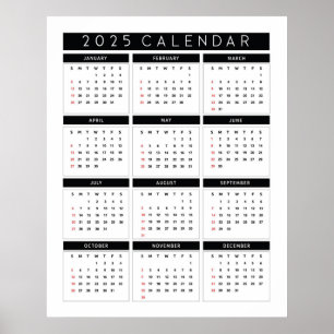 Póster Calendario simple en blanco y negro 2025
