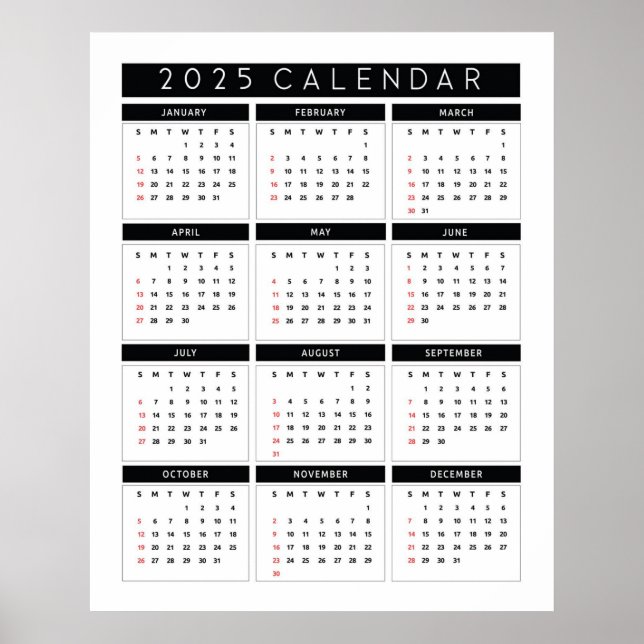 Póster Calendario simple en blanco y negro 2025 (Frente)