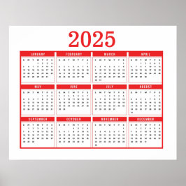 Póster Calendario simple rojo 2025