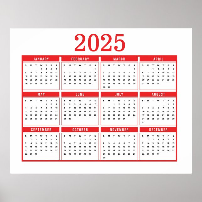 Póster Calendario simple rojo 2025 (Frente)