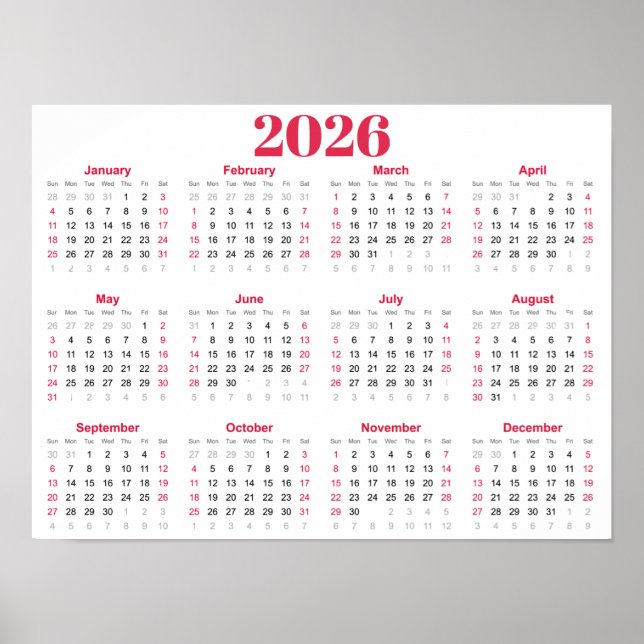 Póster Calendario simple rojo y blanco 2026 (Frente)
