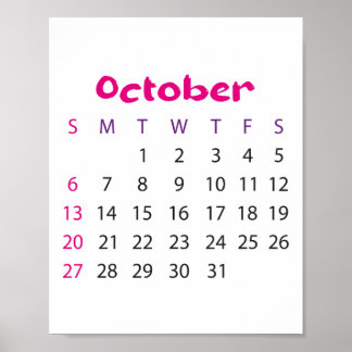 Póster Calendario simple rosado Octubre 2023