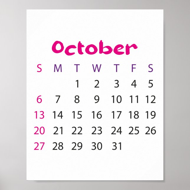 Póster Calendario simple rosado Octubre 2023 (Frente)