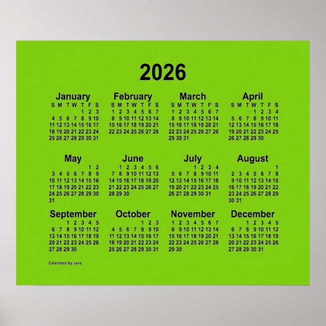 Póster Calendario verde amarillo 2026 de Janz Print (Frente)