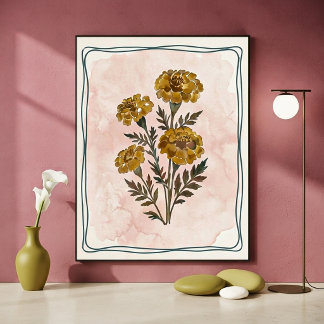 Póster Caléndulas Botánicas Vintage y Rubor Acuarela