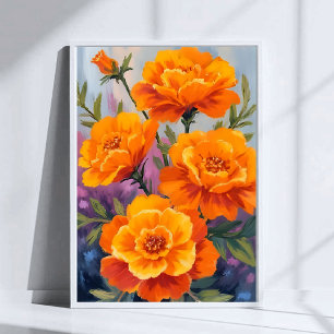 Póster Caléndulas Naranjas   Flor de Octubre Acuarela