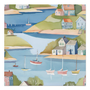 Póster Caleta de Barcos   Pintura Moderna en Acuarela