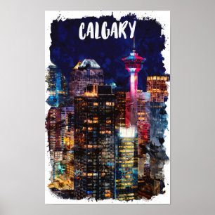 Póster Calgary Alberta Skyline Por Noche