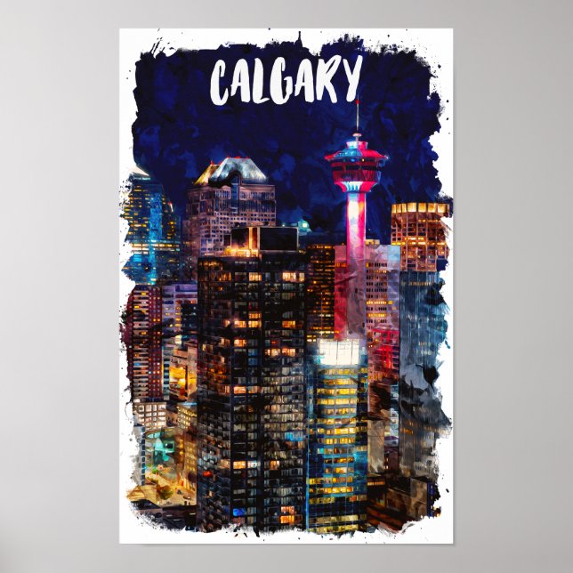 Póster Calgary Alberta Skyline Por Noche (Frente)