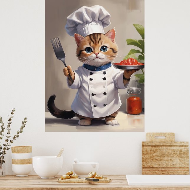 Póster Calico Kitten Chef con horquilla de horquilla (Cocina)