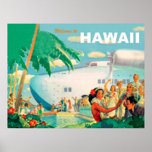 Póster Cálida bienvenida desde Hawaii, viajes de aerolíne