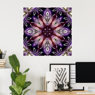 Póster Calidoscopio de Flor Cósmica Violeta y Magenta