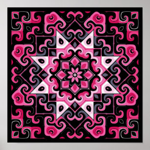 Póster Calidoscopio Estrella Rosa y Negro