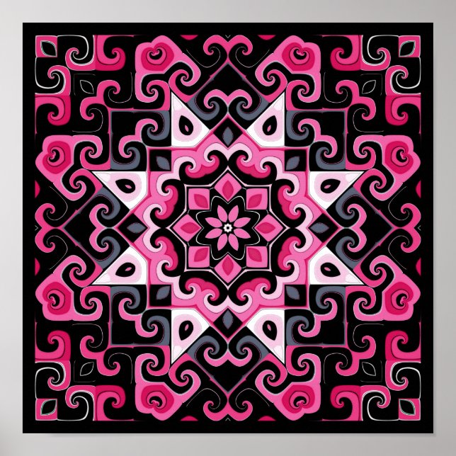 Póster Calidoscopio Estrella Rosa y Negro (Frente)
